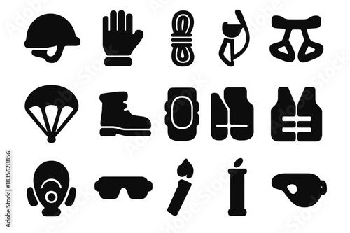 Safety Gear Icons. Safety Equipment. Solid icon set of Safety Equipment: helmet, gloves, rope, harness, parachute, boots, knee pads, life vest, oxygen mask,