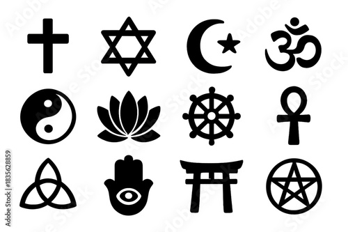 Sacred Symbols Icons. Sacred symbols. Solid icon set of sacred symbols: cross, star of David, crescent moon, Om symbol, yin yang, lotus flower, dharma wheel,