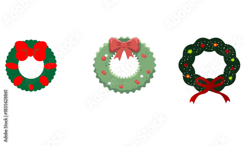 Christmas Wreaths with Red Bows and Ornaments on White Background