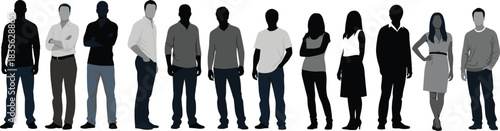 Diverse group of standing people in modern casual outfits, mixed genders and ethnicities, isolated silhouettes ideal for teamwork, community, business concepts