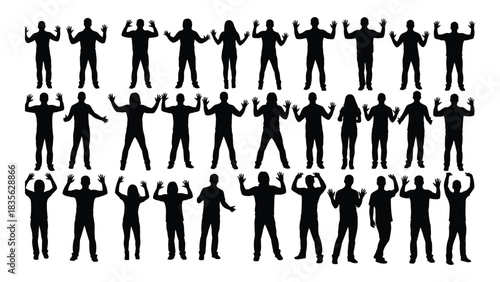 Collection of human silhouettes with raised hands isolated on white background, Vector