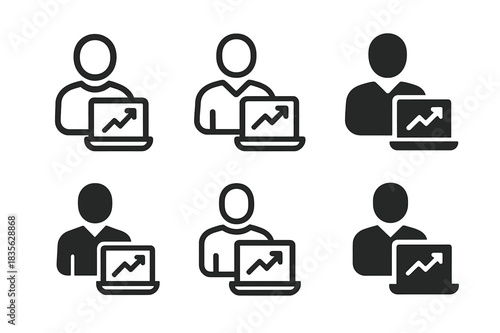 Salesperson Logo Variations. Salesperson. Icon set. Set Logo of salesperson: open laptop displaying sales chart. harmonious logo variations of the same