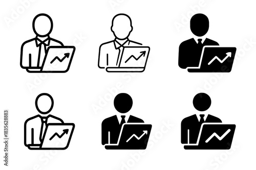Salesperson Logo Variations. Salesperson. Icon set. Set Logo of salesperson: open laptop displaying sales chart. harmonious logo variations of the same