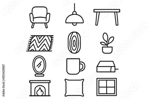 Scandinavian Design Icons. Scandinavian design. Line icon set of Scandinavian design: armchair, pendant lamp, table, rug, wood grain, plant pot, mirror, mug,