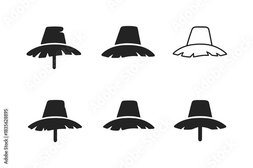 Scarecrow Hat Logos. Scarecrow Hat. Icon set. Set Logo of Scarecrow Hat: Tattered Brim. harmonious logo variations of the same emblematic concept (Stylized