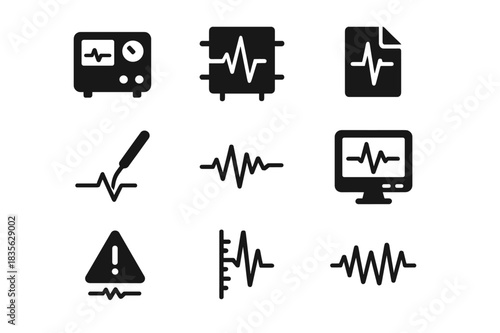 Seismograph Tool Icons. Seismograph tools. Solid icon set of Seismograph tools: seismometer, vibration sensor, recording paper, graph icon, needle, seismic