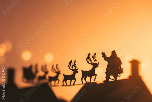 Santa Claus Waving from Rooftop with Reindeer Silhouette on Snowy Night silhouettes of people on the roof
