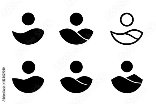 Shifting Sands Logos. Shifting Sands. Icon set. Set Logo of Shifting Sands: crescent dune crest under a sun disk. harmonious logo variations of the same