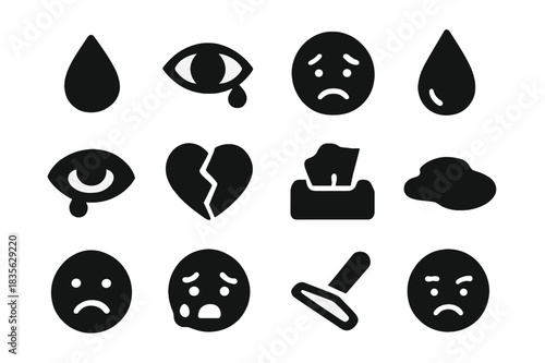 Sorrow Icon Set. Sorrow Icons. Solid icon set of teardrop, crying eye, sad face, water droplet, eye with tear, broken heart, tissue, puddle, frown, sobbing