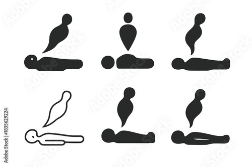 Soul Departure Icons. Soul leaving the body. Icon set. Set Logo of soul leaving the body: Floating ethereal figure. harmonious logo variations of the same