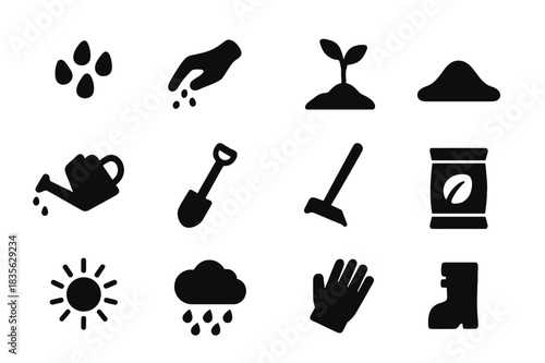 Sowing Icons Set. Sowing. Solid icon set of Sowing: seed, hand planting, sprout, soil mound, watering can, shovel, hoe, pot, sun, rain cloud, glove, seed bag.