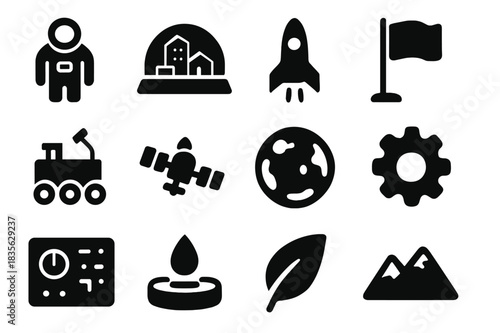 Space Colonization Icons. Planet colonization. Solid icon set of planet colonization: astronaut, dome city, rocket, flag, rover, satellite, planet, gear,