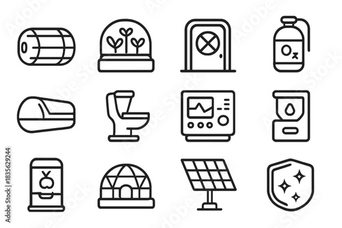 Space Habitat Icons. Space habitats. Line icon set of Space habitats: inflatable module, space greenhouse, airlock door, oxygen tank, sleeping pod, zero-g