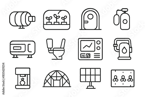 Space Habitat Icons. Space habitats. Line icon set of Space habitats: inflatable module, space greenhouse, airlock door, oxygen tank, sleeping pod, zero-g