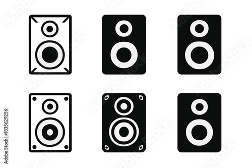 Speaker Logo Variations. Sound system speaker. Icon set. Set Logo of sound system speaker: compact speaker. harmonious logo variations of the same emblematic