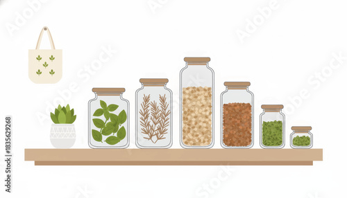 Kitchen pantry shelf with food in glass storage jars. Sustainable, zero waste, and minimalist lifestyle concept. Flat design vector illustration