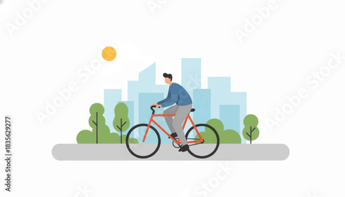 Man riding a bicycle in a city park. Eco-friendly urban transport and healthy lifestyle concept. Flat design vector illustration