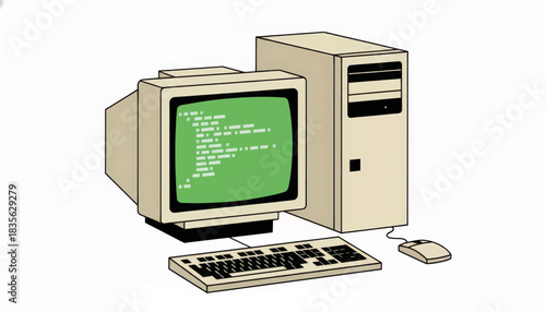 Vintage 80s desktop computer illustration. Retro PC with green code on a CRT monitor. Minimalist vector graphic of old technology