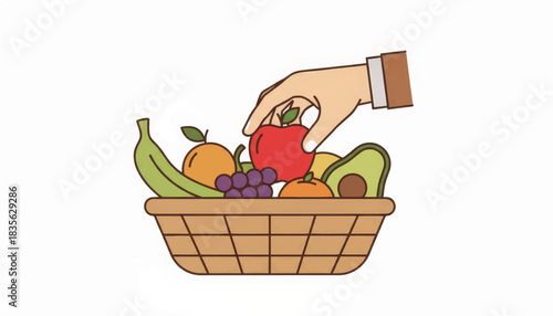 Hand picking a red apple from a basket of fresh fruit. Healthy eating and nutrition concept. Simple line art vector illustration