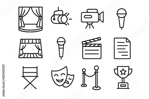 Stage Production Icons. Stage production. Line icon set of stage production: curtain, spotlight, camera, stage floor, microphone, clapperboard, director chair,