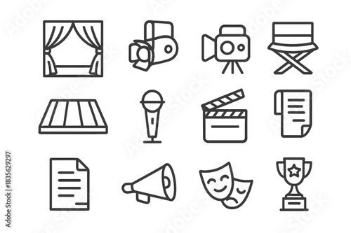 Stage Production Icons. Stage production. Line icon set of stage production: curtain, spotlight, camera, stage floor, microphone, clapperboard, director chair,