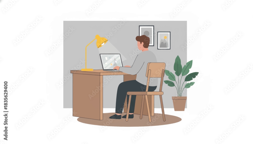 Fototapeta premium Man working on a laptop at a home office desk. Remote work and freelance lifestyle concept. Flat design vector illustration