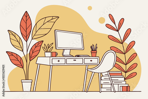 Cozy autumn home office with plants and books