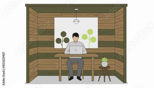 A man working on a laptop in a modern office pod. Remote work and focused workspace concept. Hand-drawn style vector illustration