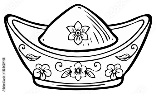 Hand drawn Chinese gold ingot yuanbao with floral pattern line art illustration