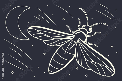 Minimalist firefly with glowing yellow light trails on dark background