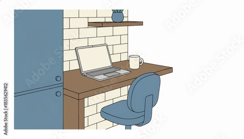Vector illustration of a modern home office setup. Minimalist workspace with a desk, laptop, and chair for remote work