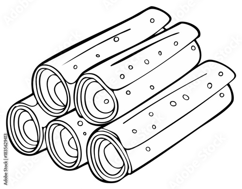 Illustration of stacked rolled crepes or pancakes with small holes