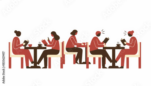 People reading books in a cafe. Local micro-community and third place concept. Minimalist flat design vector illustration