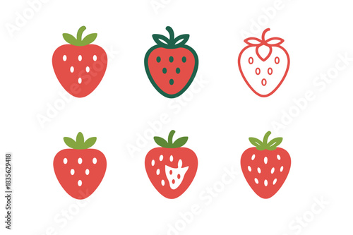Strawberry Logo Variations. Strawberry. Icon set. Set Logo of strawberry: strawberry with stem and leaf. harmonious logo variations of the same emblematic