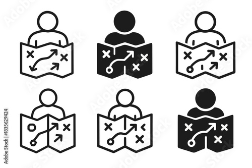 Strategy Game Icons. Engaging in a strategy game. Icon set. Set Logo of engaging in a strategy game: player analyzing a map with direction arrows. harmonious