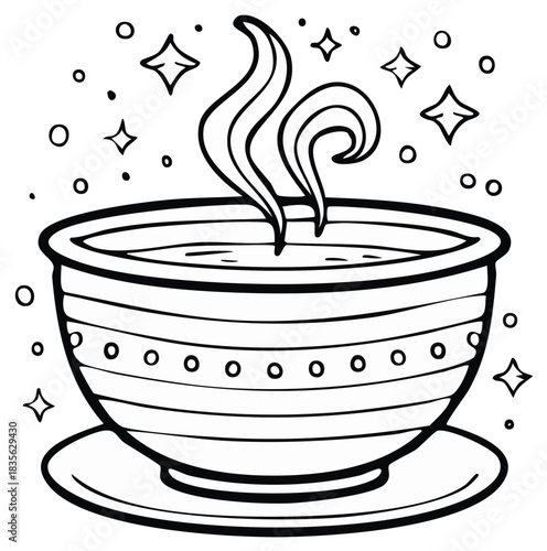Stylized line art of a steaming bowl with decorative stripes and radiating stars