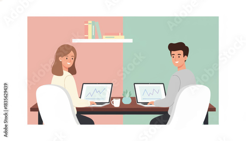 Couple working remotely in a home office. Business collaboration and data analysis concept. Modern flat vector illustration