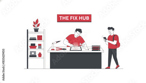 Technician fixing a tablet in an electronics repair shop. Customer service and tech support concept. Minimalist flat design vector illustration