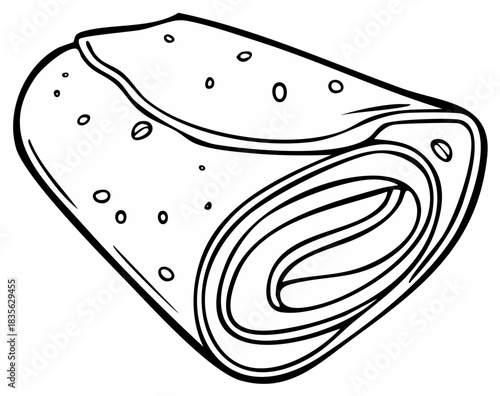 Simple line art illustration of a rolled flatbread snack or sweet breakfast crepe outline drawing
