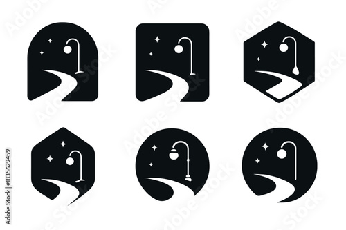 Streetlight Logo Variations. Streetlights at night. Icon set. Set Logo of streetlights: quiet street under lamplight. harmonious logo variations of the same
