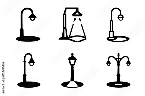 Streetlight Logo Variations. Streetlights at night. Icon set. Set Logo of streetlights: light cone effect on pavement. harmonious logo variations of the same