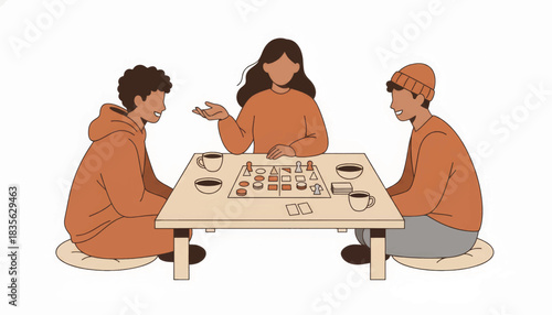 Diverse friends playing a board game together. Flat vector illustration of a social gathering and community concept. People enjoying a leisure activity on game night