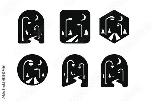 Streetlight Logo Variations. Streetlights at night. Icon set. Set Logo of streetlights: quiet street under lamplight. harmonious logo variations of the same