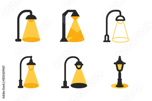 Streetlight Logo Variations. Streetlights at night. Icon set. Set Logo of streetlights: light cone effect on pavement. harmonious logo variations of the same