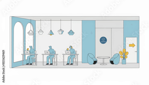 Vector illustration of a modern co-working space. People working on laptops in a minimalist flat design interior. Remote work and freelancer concept