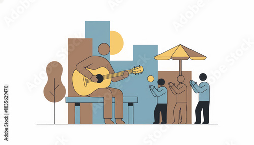 A musician playing guitar for a local community. Minimalist flat design vector illustration of a street performance and social gathering