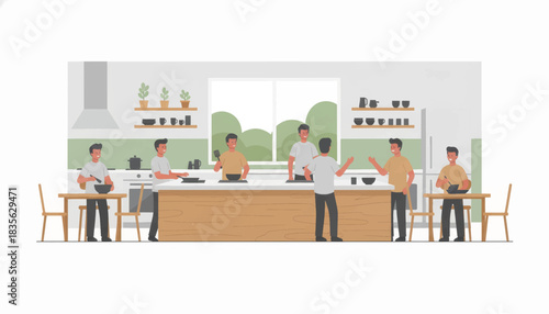 A group of men participating in a cooking class. Community kitchen and social gathering concept. Flat design vector illustration
