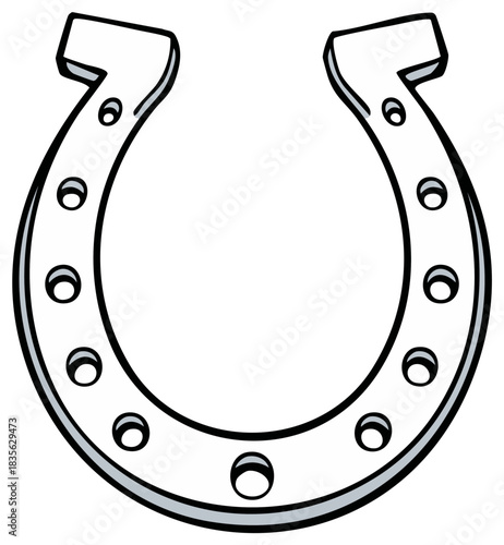 Silver horseshoe with nail holes isolated on white background cartoon style