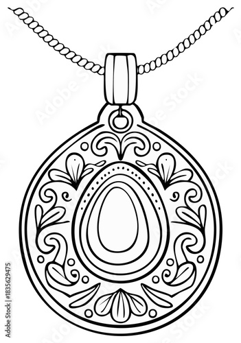 Intricate ornate teardrop pendant necklace black and white line art illustration featuring delicate decorative patterns