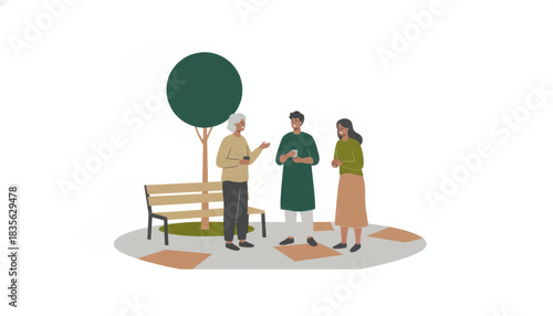 Diverse community of people talking in a park. Intergenerational friendship and social connection concept. Flat design vector illustration